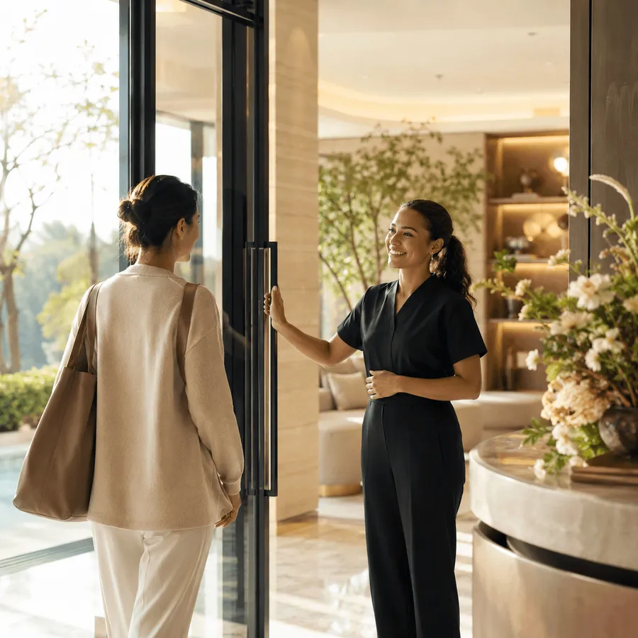 A member arriving at M Health, warmly greeted by staff at the premium entrance